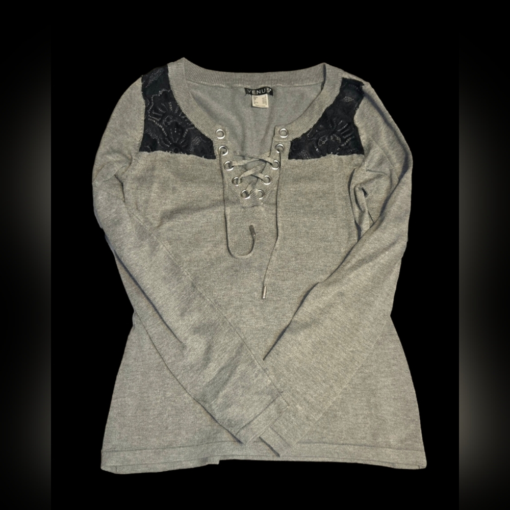 VENUS Gray Lace-Up Sweatshirt with Black Lace - Picture 1 of 3